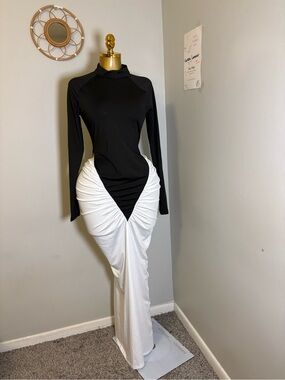 Elegant Black & White Asymmetrical Ruched Maxi Dress